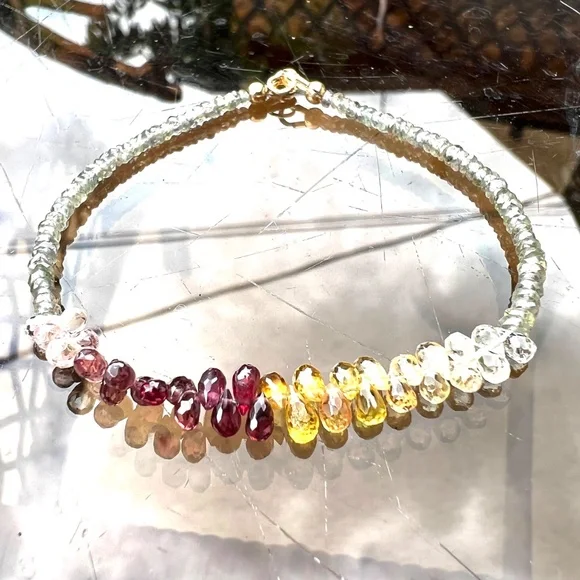 Natural Green , Plum and Yellow Sapphire Bracelet Handmade Solid 14K Yellow Gold - Picture 4 of 11